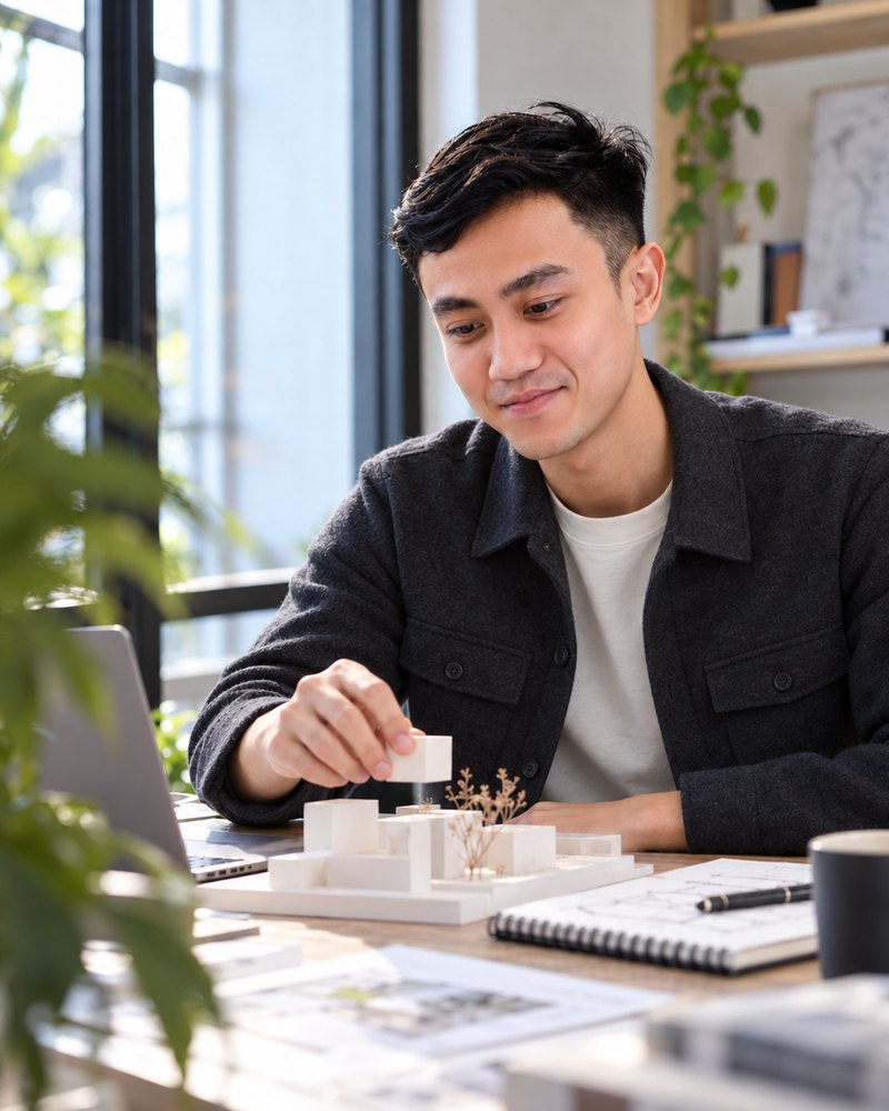 Ibnu Akmal at a studio desk, placing a block on a white massing model