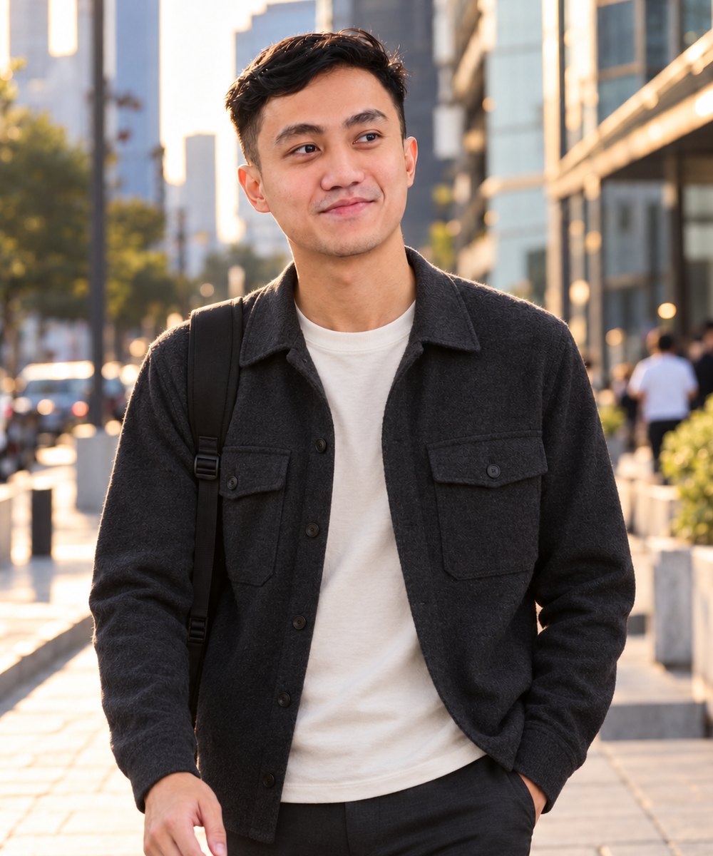Ibnu Akmal walking along a sunlit city street in a charcoal overshirt and white T-shirt