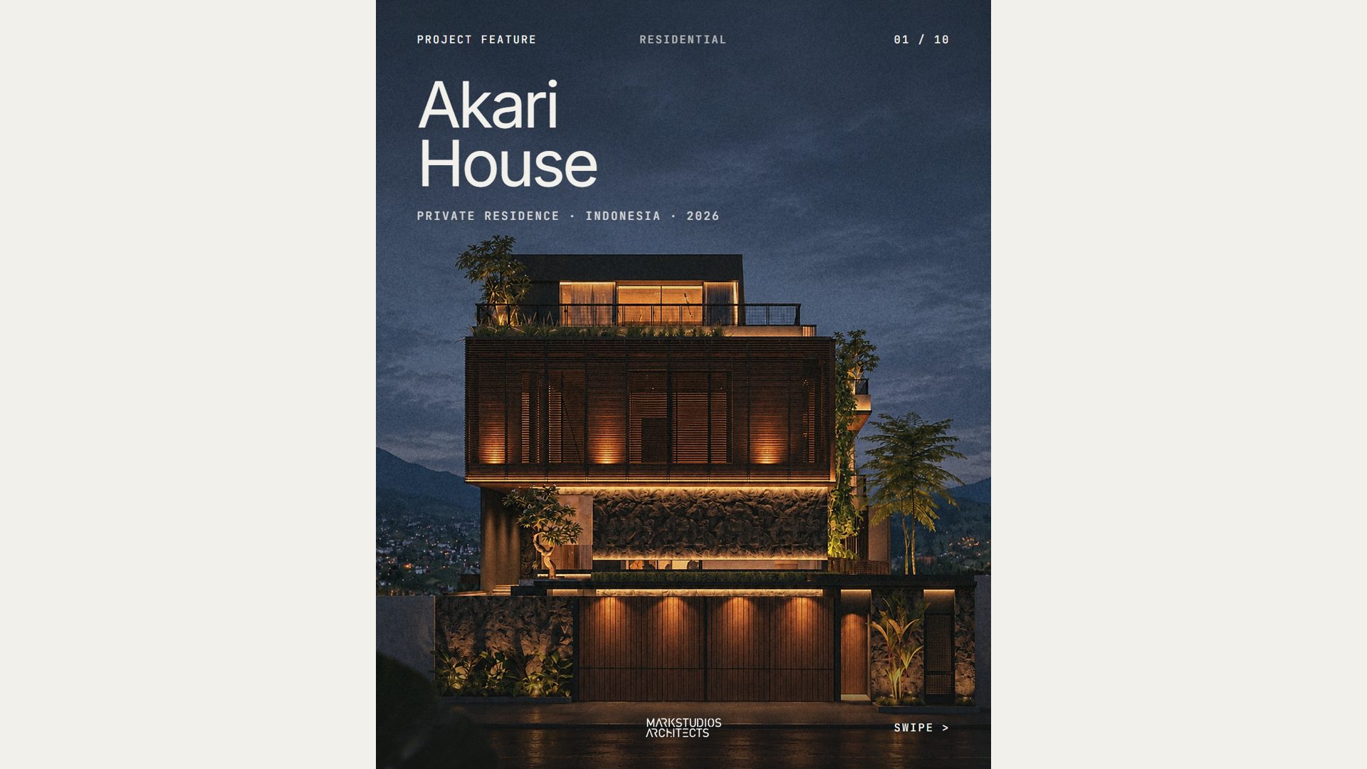Akari House carousel cover: stacked house at dusk