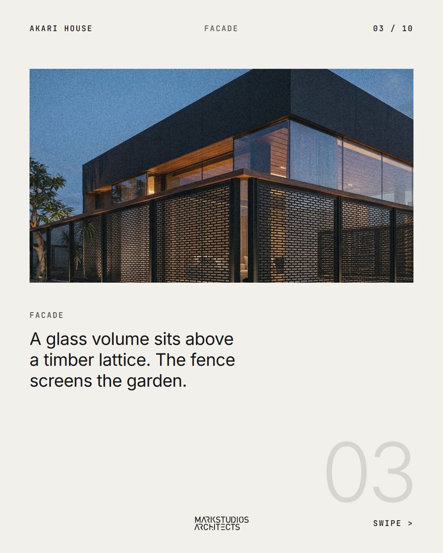 Akari House slide 03: glass volume above a timber lattice