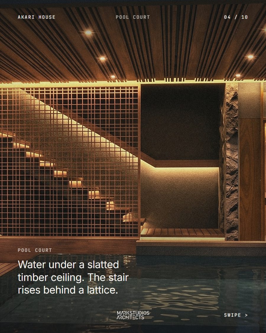 Akari House slide 04: pool court under a slatted timber ceiling