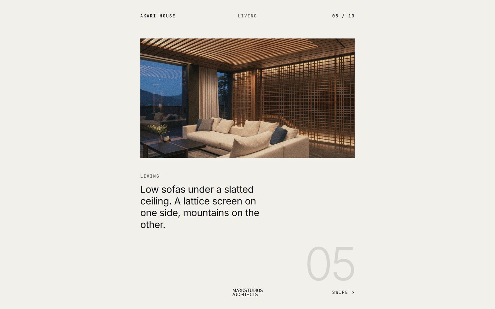 Akari House slide 05: living room under a slatted ceiling