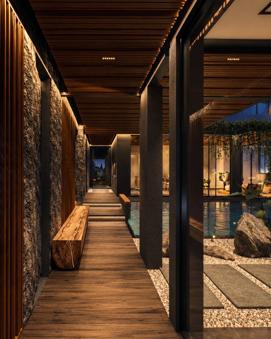 Enhanced render: the SS House corridor at blue hour, warm light on the timber ceiling and stone wall, a dark pool garden beyond black columns
