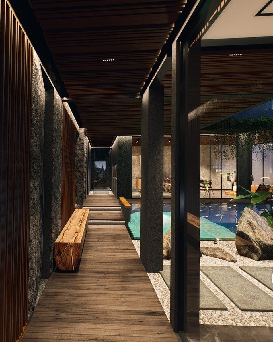 Original render: the same corridor in flat daylight with a bright cyan pool