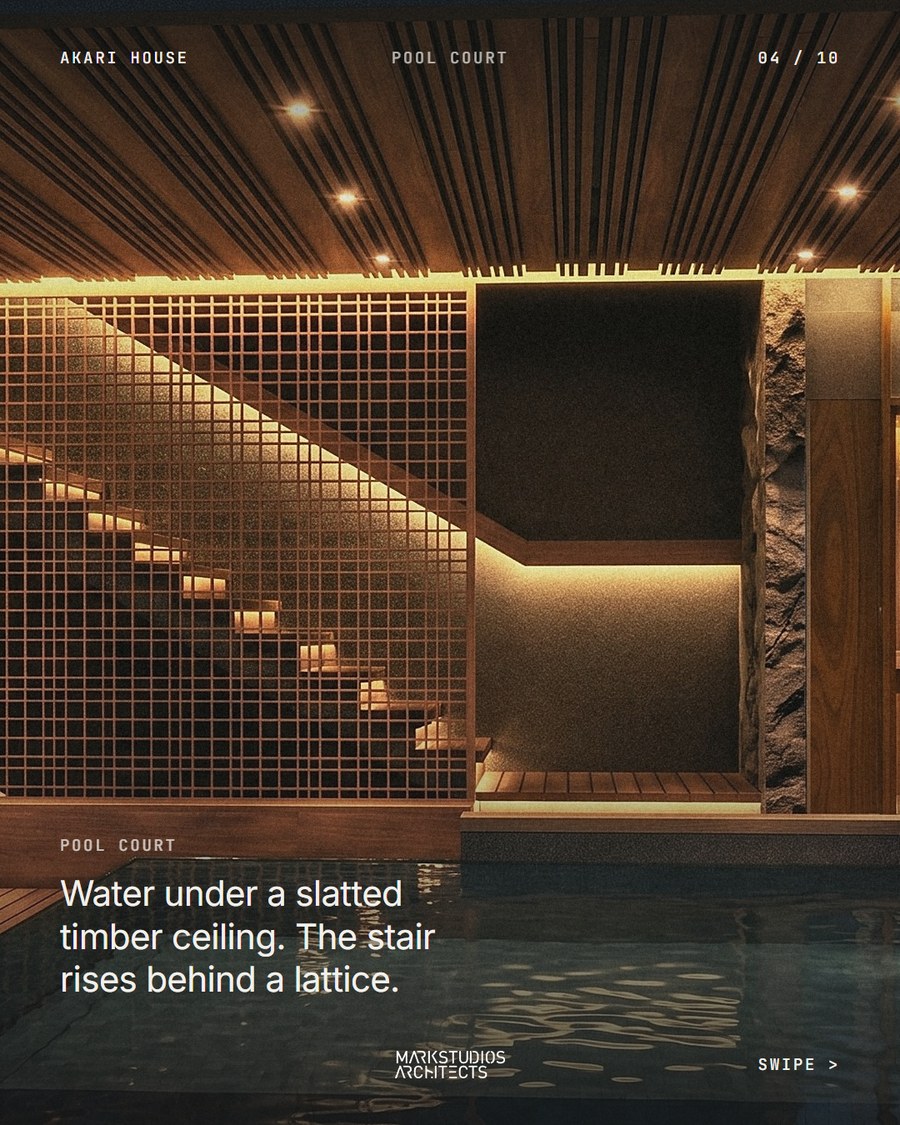 Akari House, pool court under a slatted timber ceiling