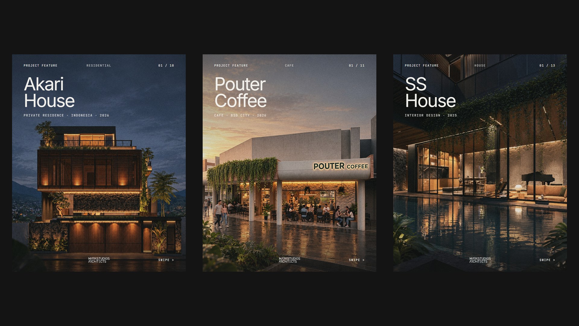 Covers of the Akari House, Pouter Coffee and SS House carousels