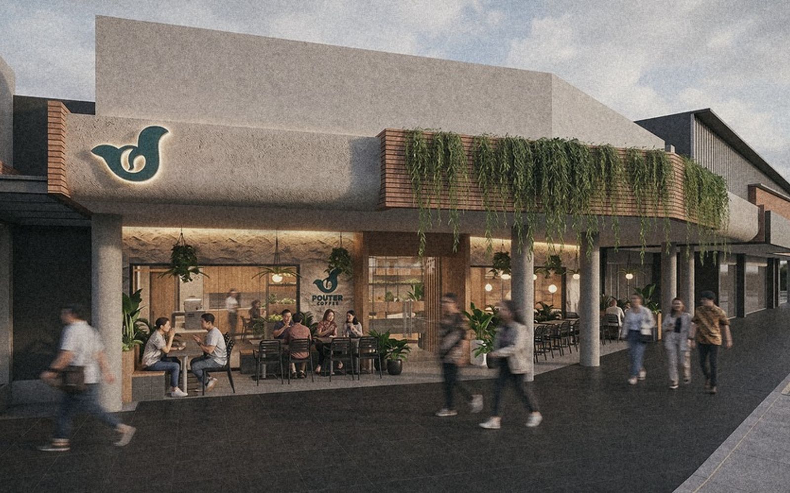 Pouter Coffee terrace under a deep canopy, seen from the street