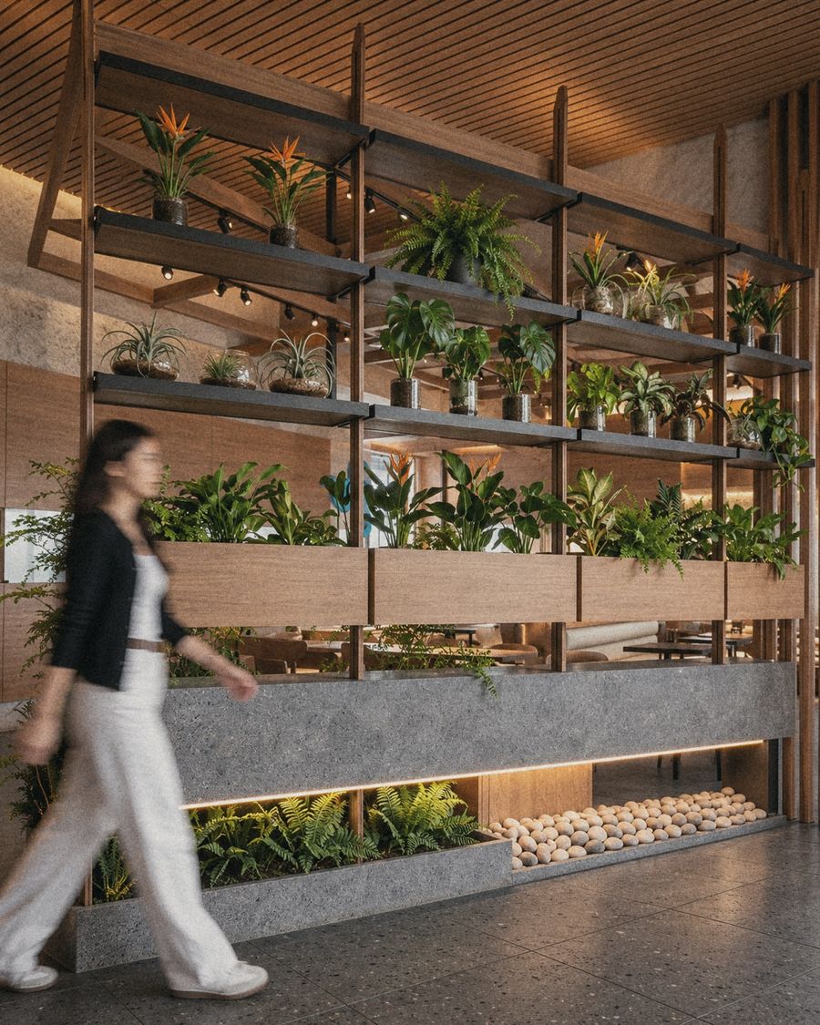 Pouter Coffee entrance behind a plant shelf and timber battens