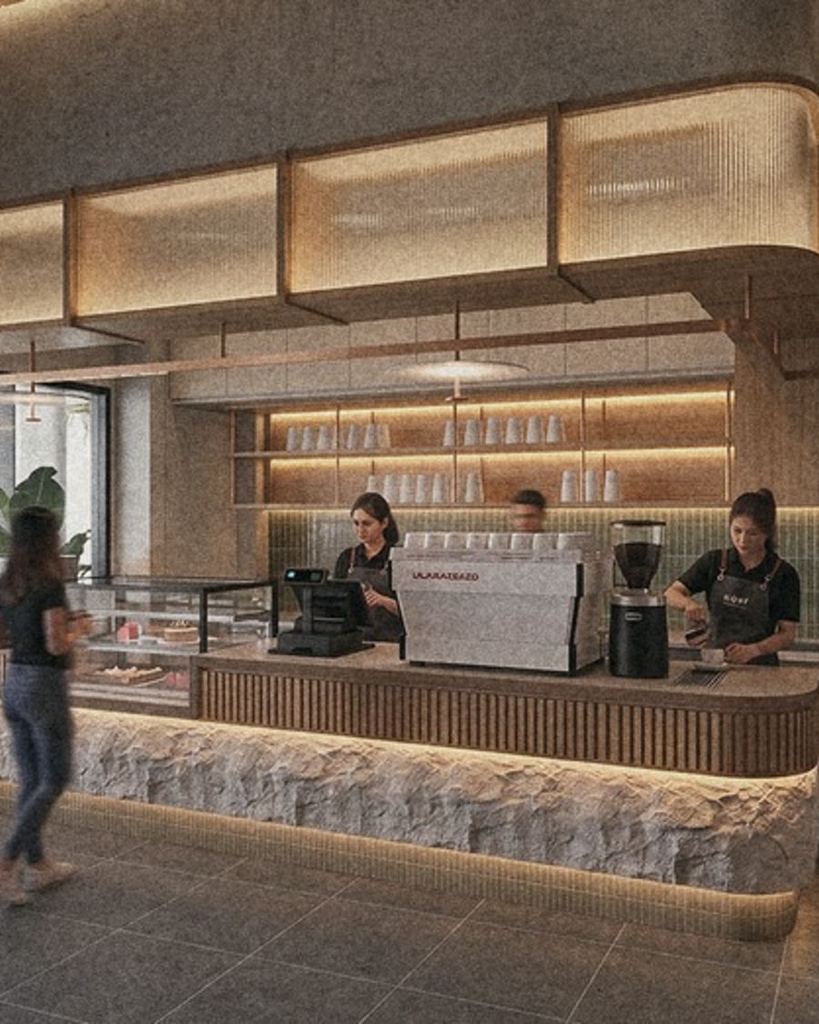 Pouter Coffee bar with a rough stone base and warm shelf light