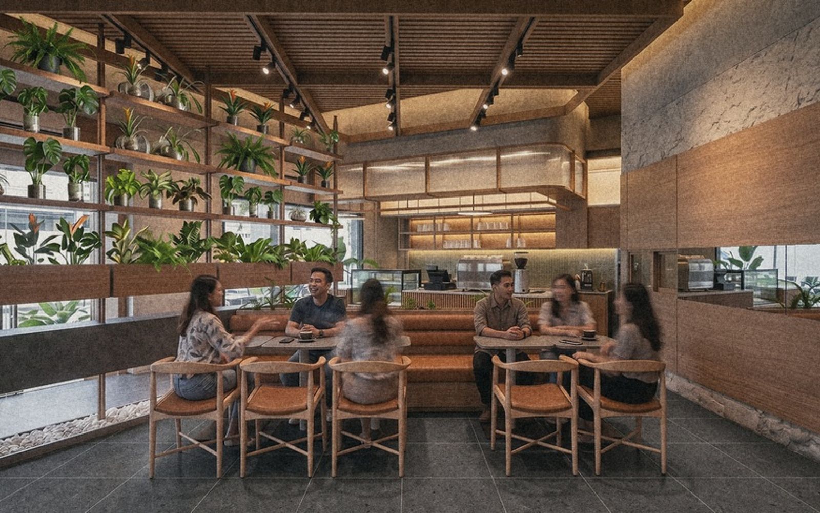 Pouter Coffee seating under a slatted timber ceiling