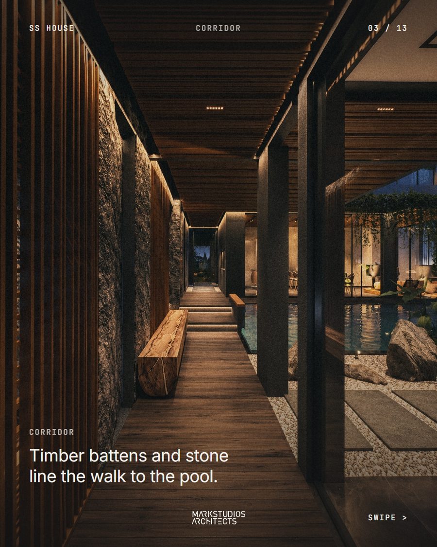 SS House slide 03: corridor lined with timber battens and stone