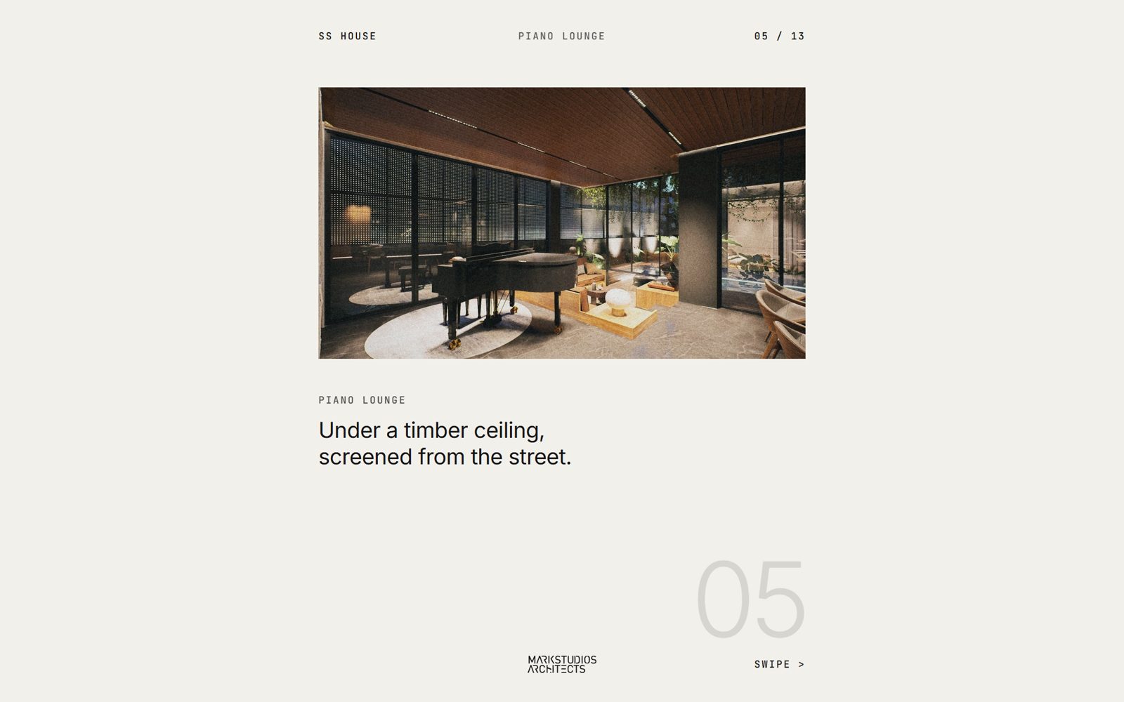 SS House slide 05: piano lounge under a timber ceiling