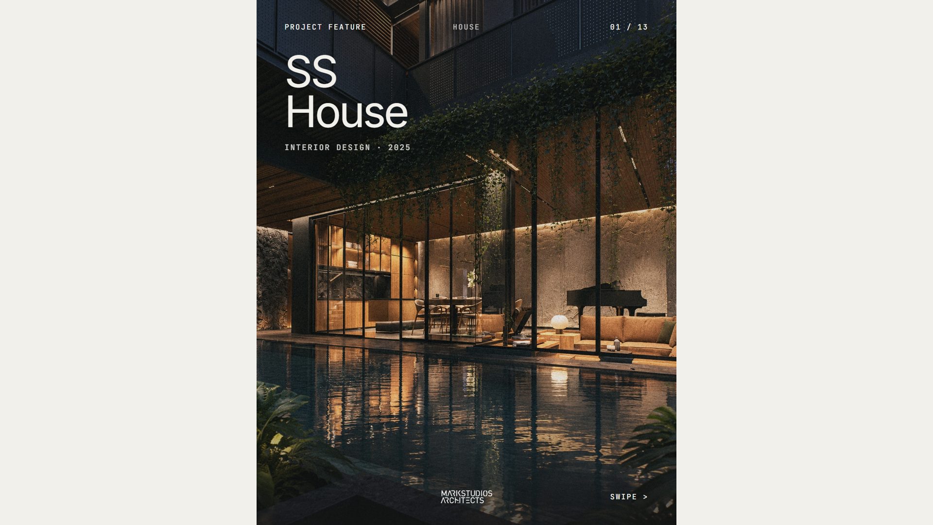 SS House carousel cover: living room reflected in the pool at night